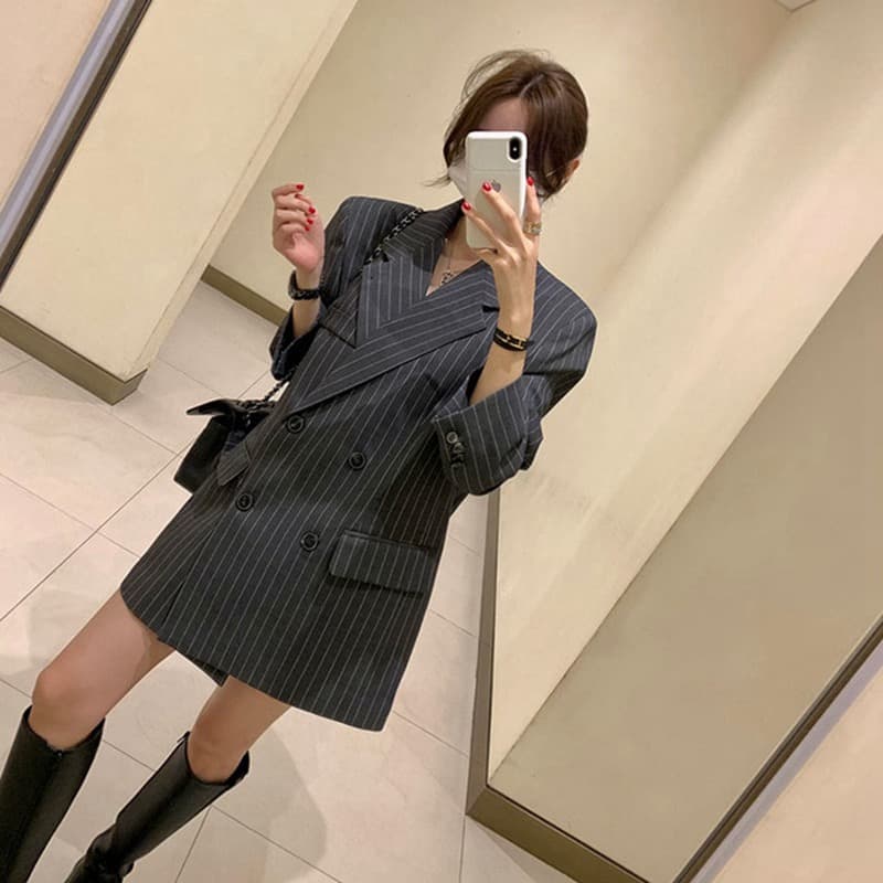있음 밖으로 한국 ins 고급 센스 세로 줄무늬 루즈핏 세련된 블레이저 벨트 포함 이미지 2