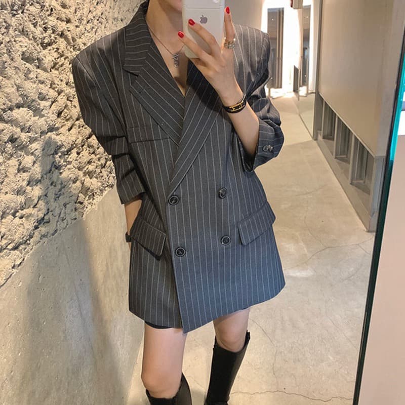 있음 밖으로 한국 ins 고급 센스 세로 줄무늬 루즈핏 세련된 블레이저 벨트 포함 상세 이미지 1