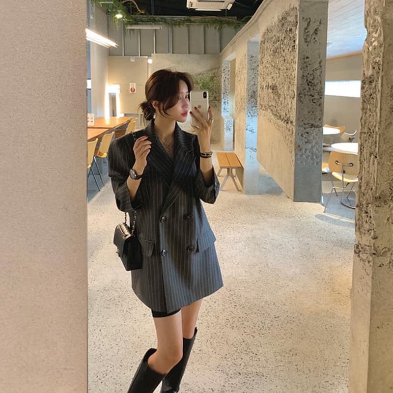 있음 밖으로 한국 ins 고급 센스 세로 줄무늬 루즈핏 세련된 블레이저 벨트 포함 상세 이미지 4