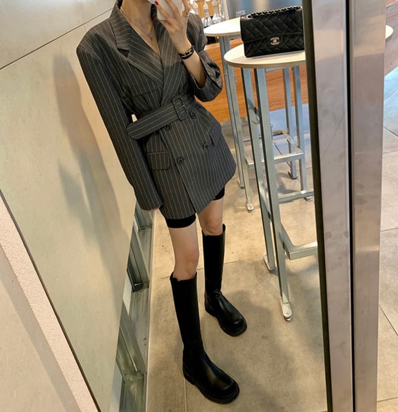 있음 밖으로 한국 ins 고급 센스 세로 줄무늬 루즈핏 세련된 블레이저 벨트 포함 상세 이미지 5