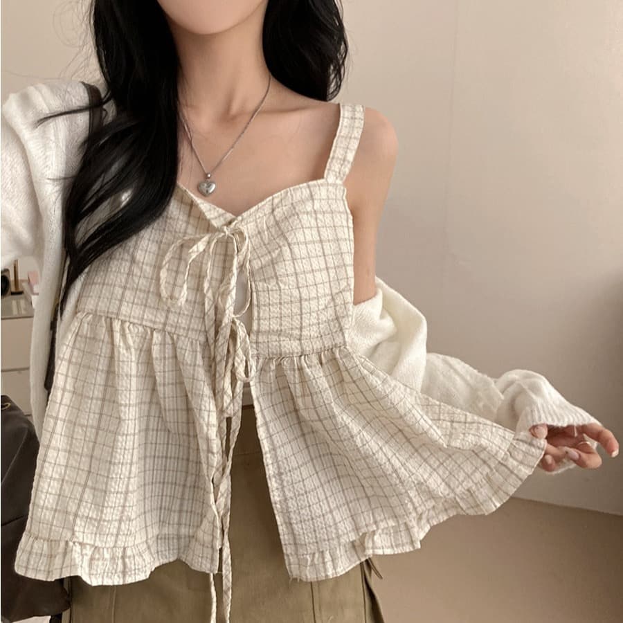 재고 있음 chic 루즈핏 마이크로 주름 체크무늬 전후 둘 착용 슬립 레이스업 프릴 조끼 여성 이미지 2