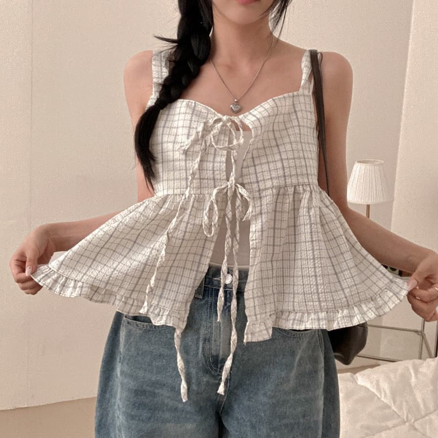 재고 있음 chic 루즈핏 마이크로 주름 체크무늬 전후 둘 착용 슬립 레이스업 프릴 조끼 여성 상세 이미지 1