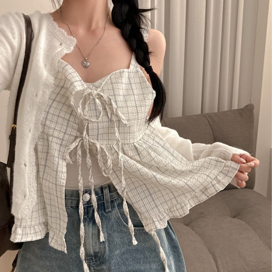 재고 있음 chic 루즈핏 마이크로 주름 체크무늬 전후 둘 착용 슬립 레이스업 프릴 조끼 여성 상세 이미지 3