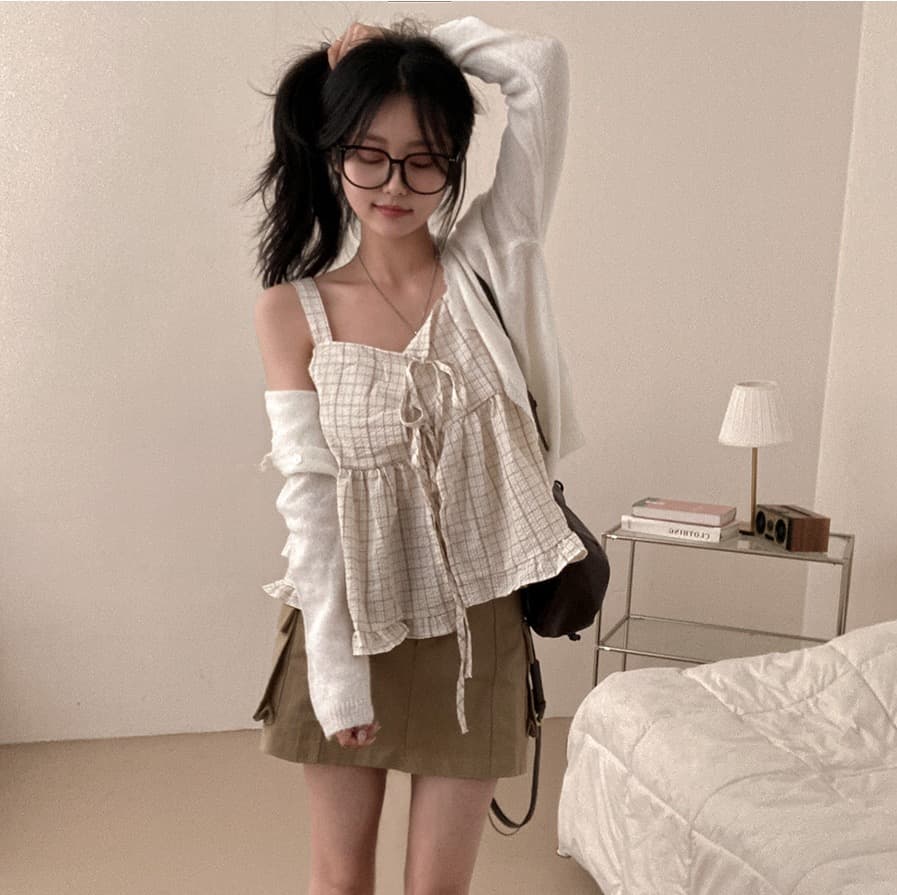 재고 있음 chic 루즈핏 마이크로 주름 체크무늬 전후 둘 착용 슬립 레이스업 프릴 조끼 여성 상세 이미지 5