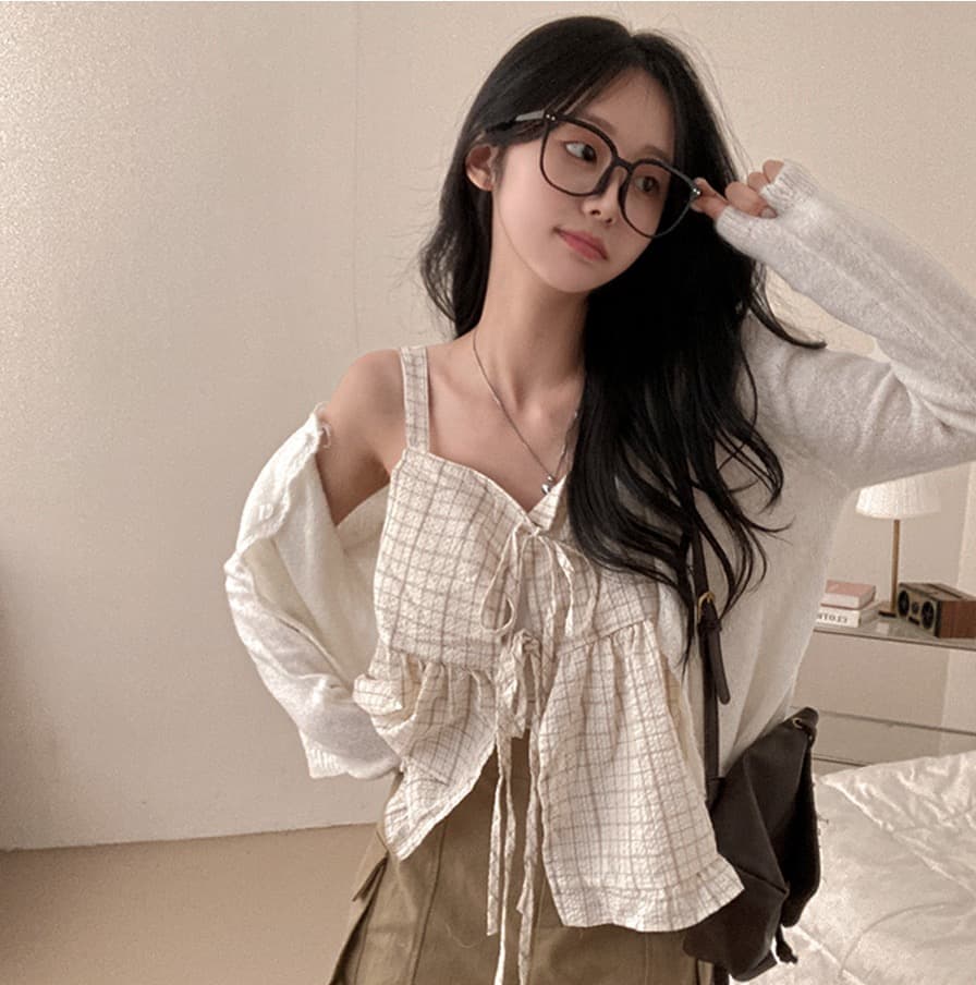 재고 있음 chic 루즈핏 마이크로 주름 체크무늬 전후 둘 착용 슬립 레이스업 프릴 조끼 여성 상세 이미지 6