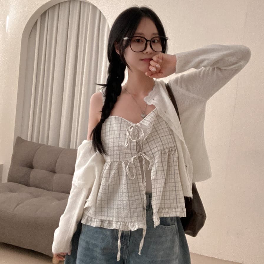 재고 있음 chic 루즈핏 마이크로 주름 체크무늬 전후 둘 착용 슬립 레이스업 프릴 조끼 여성 상세 이미지 7