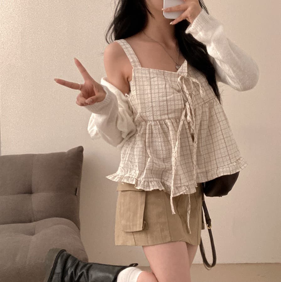 재고 있음 chic 루즈핏 마이크로 주름 체크무늬 전후 둘 착용 슬립 레이스업 프릴 조끼 여성 상세 이미지 9