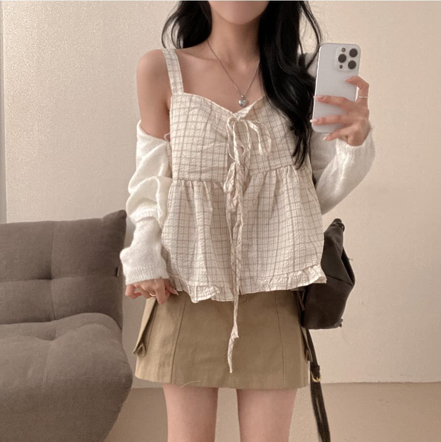 재고 있음 chic 루즈핏 마이크로 주름 체크무늬 전후 둘 착용 슬립 레이스업 프릴 조끼 여성 상세 이미지 10