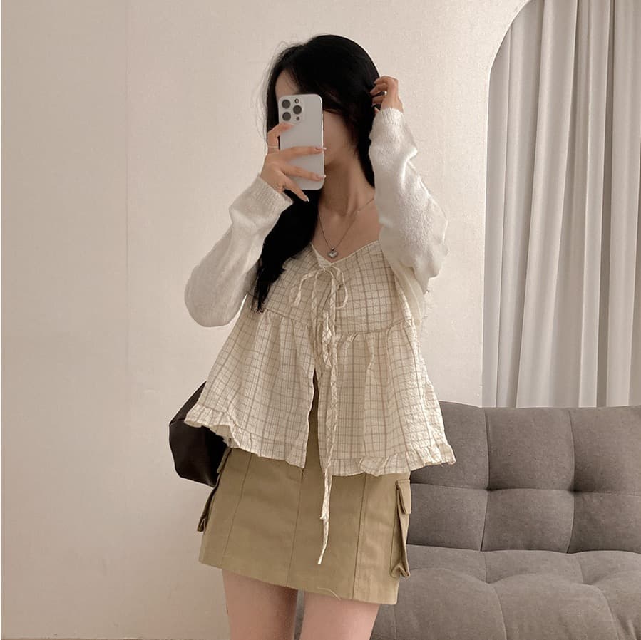 재고 있음 chic 루즈핏 마이크로 주름 체크무늬 전후 둘 착용 슬립 레이스업 프릴 조끼 여성 상세 이미지 11