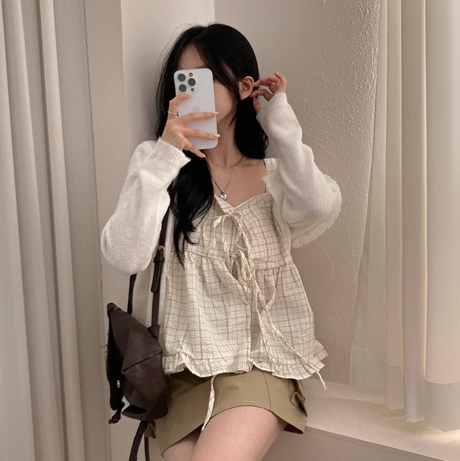 재고 있음 chic 루즈핏 마이크로 주름 체크무늬 전후 둘 착용 슬립 레이스업 프릴 조끼 여성 상세 이미지 12