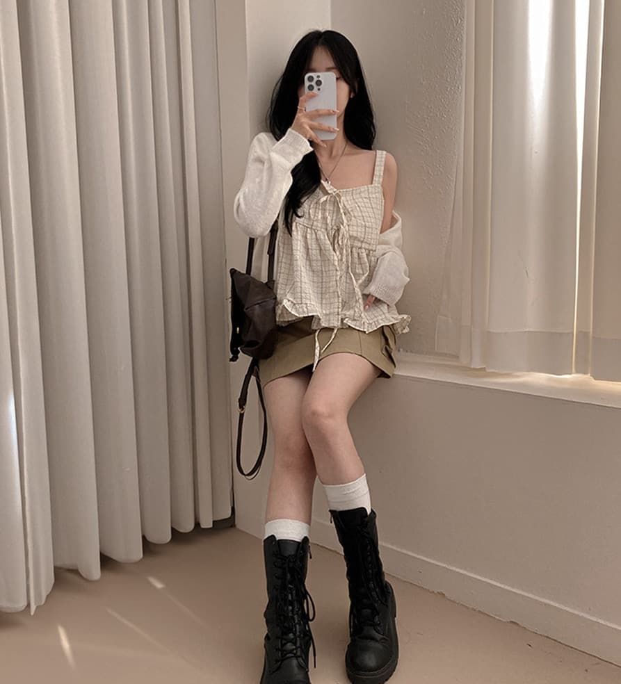 재고 있음 chic 루즈핏 마이크로 주름 체크무늬 전후 둘 착용 슬립 레이스업 프릴 조끼 여성 상세 이미지 13