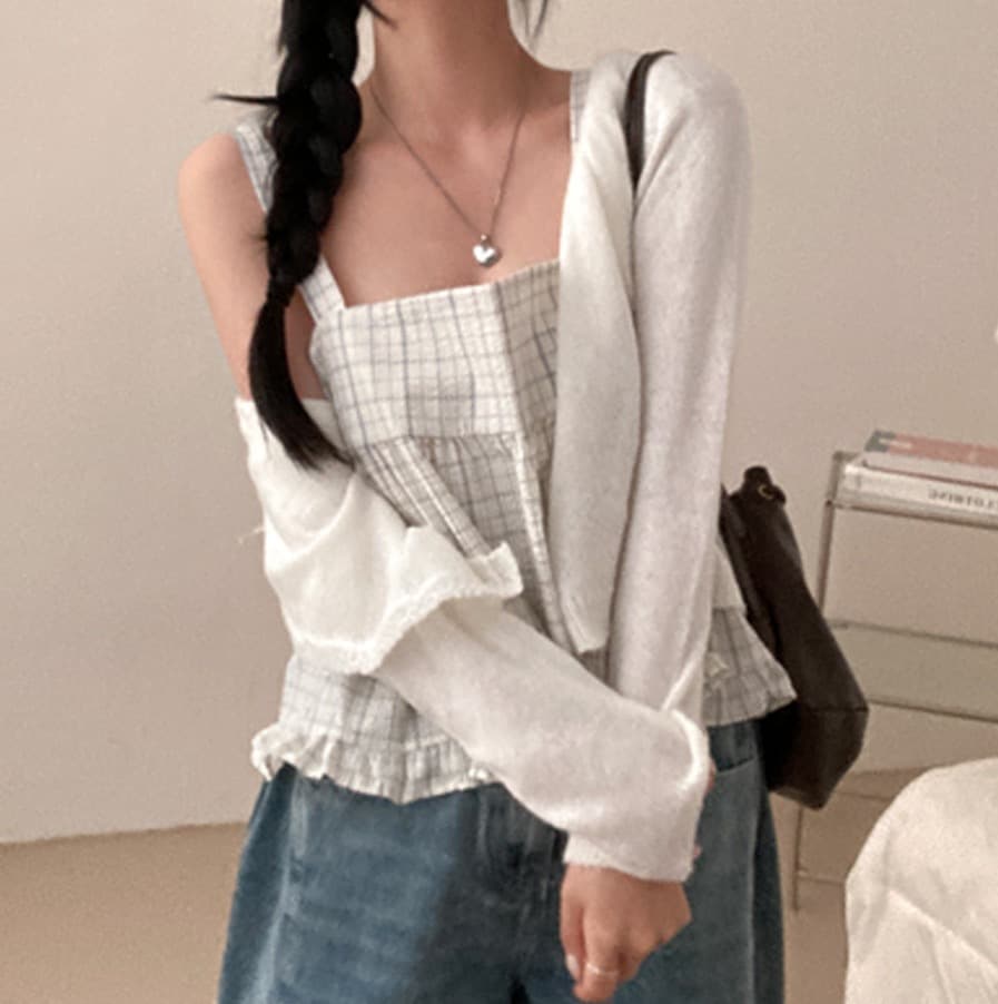 재고 있음 chic 루즈핏 마이크로 주름 체크무늬 전후 둘 착용 슬립 레이스업 프릴 조끼 여성 상세 이미지 14