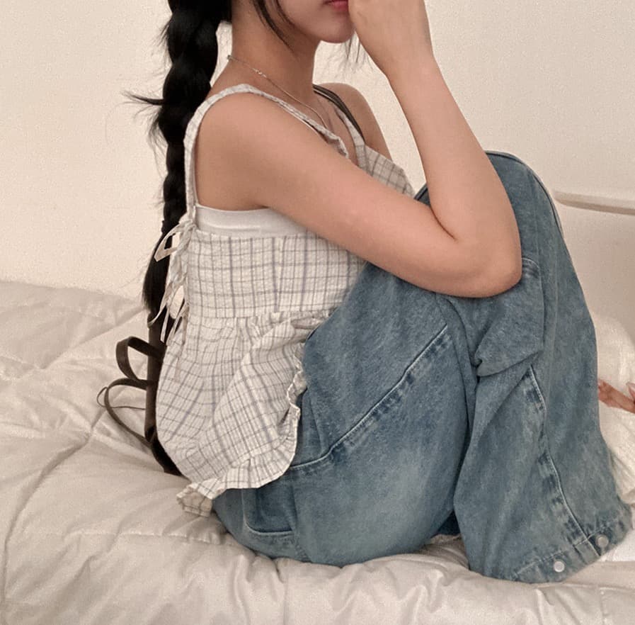 재고 있음 chic 루즈핏 마이크로 주름 체크무늬 전후 둘 착용 슬립 레이스업 프릴 조끼 여성 상세 이미지 17
