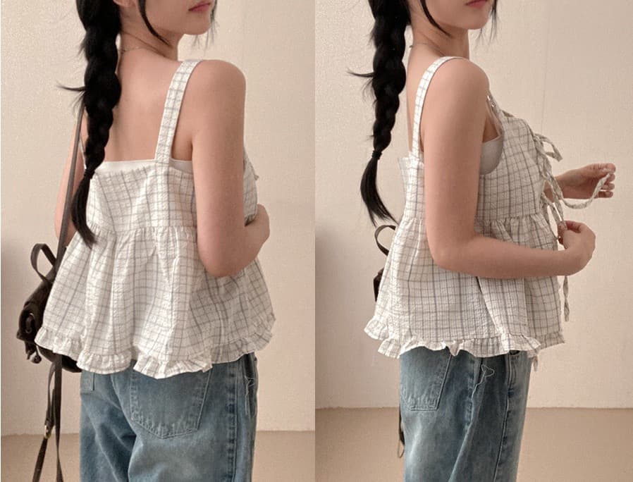 재고 있음 chic 루즈핏 마이크로 주름 체크무늬 전후 둘 착용 슬립 레이스업 프릴 조끼 여성 상세 이미지 18