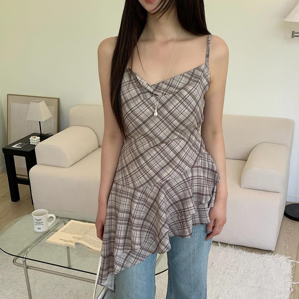 있음 밖으로 불규칙 레이스 체크무늬 조끼 슬립 여성 이미지 3