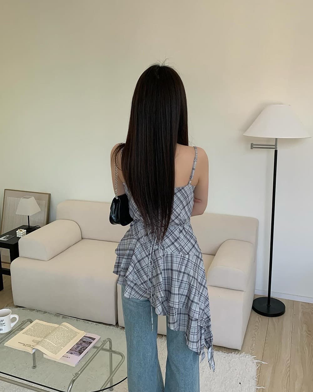 있음 밖으로 불규칙 레이스 체크무늬 조끼 슬립 여성 상세 이미지 1