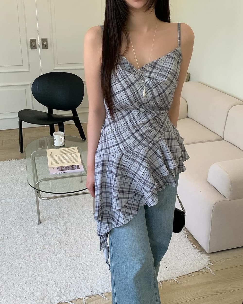 있음 밖으로 불규칙 레이스 체크무늬 조끼 슬립 여성 상세 이미지 2