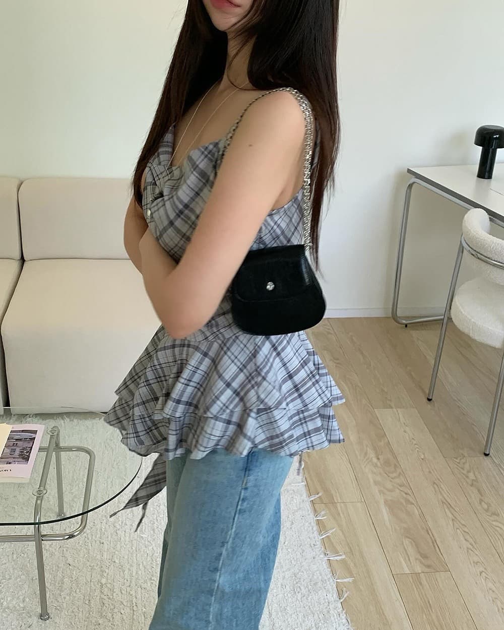 있음 밖으로 불규칙 레이스 체크무늬 조끼 슬립 여성 상세 이미지 4