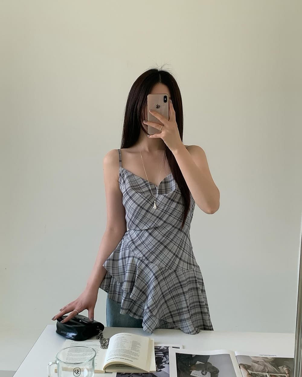 있음 밖으로 불규칙 레이스 체크무늬 조끼 슬립 여성 상세 이미지 5