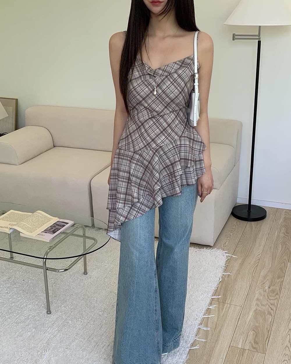 있음 밖으로 불규칙 레이스 체크무늬 조끼 슬립 여성 상세 이미지 6