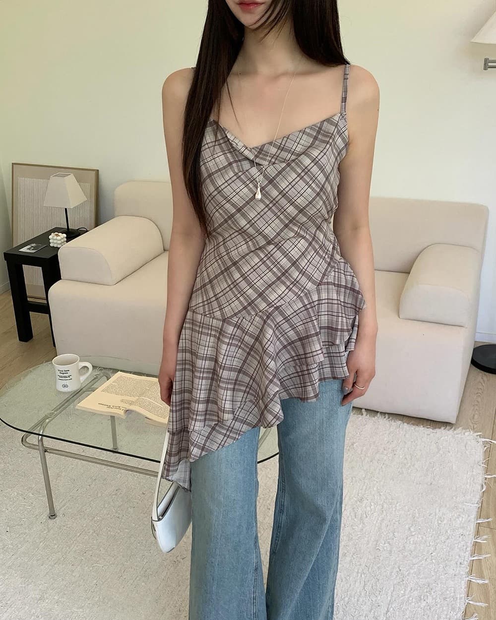 있음 밖으로 불규칙 레이스 체크무늬 조끼 슬립 여성 상세 이미지 7