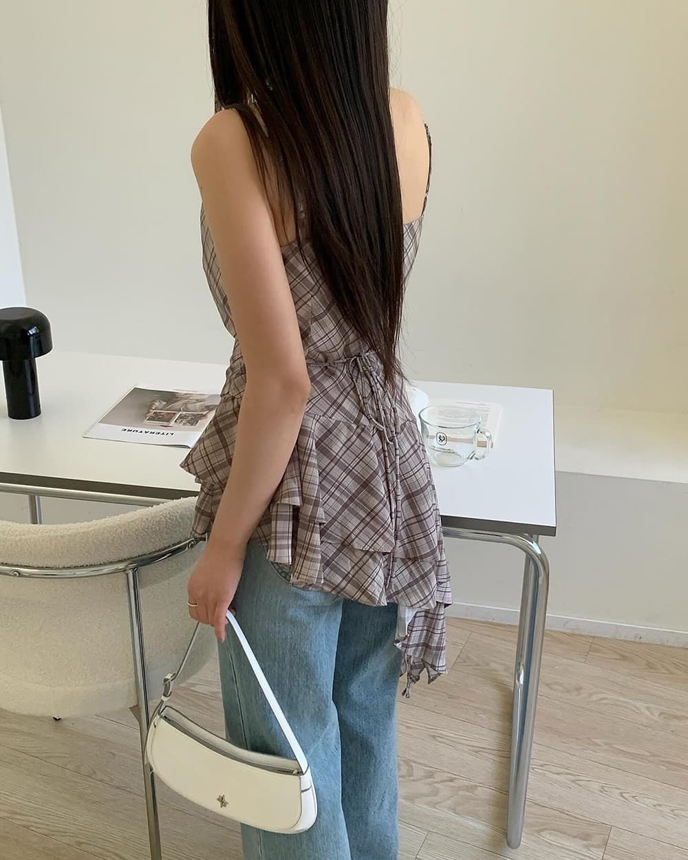 있음 밖으로 불규칙 레이스 체크무늬 조끼 슬립 여성 상세 이미지 9