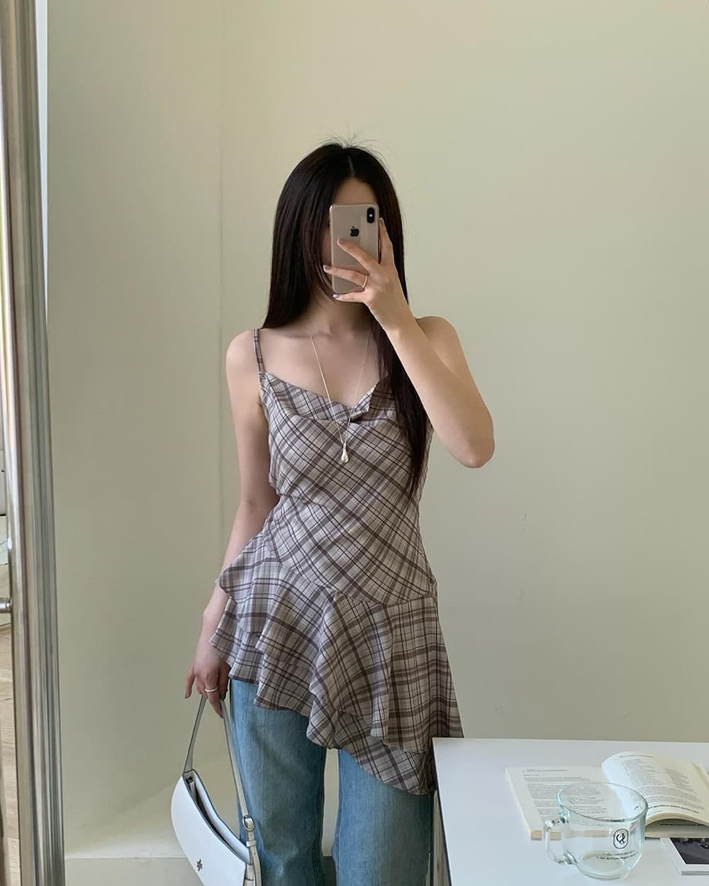 있음 밖으로 불규칙 레이스 체크무늬 조끼 슬립 여성 상세 이미지 11