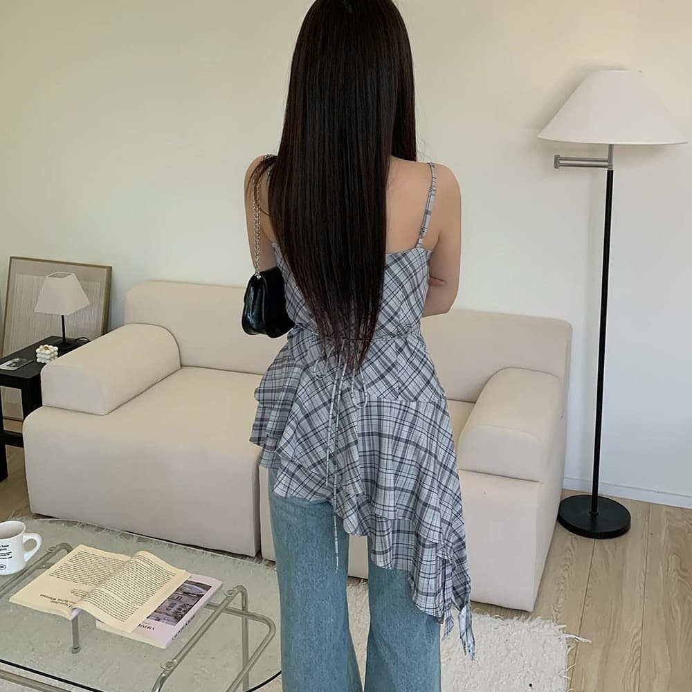 있음 밖으로 불규칙 레이스 체크무늬 조끼 슬립 여성 상세 이미지 12