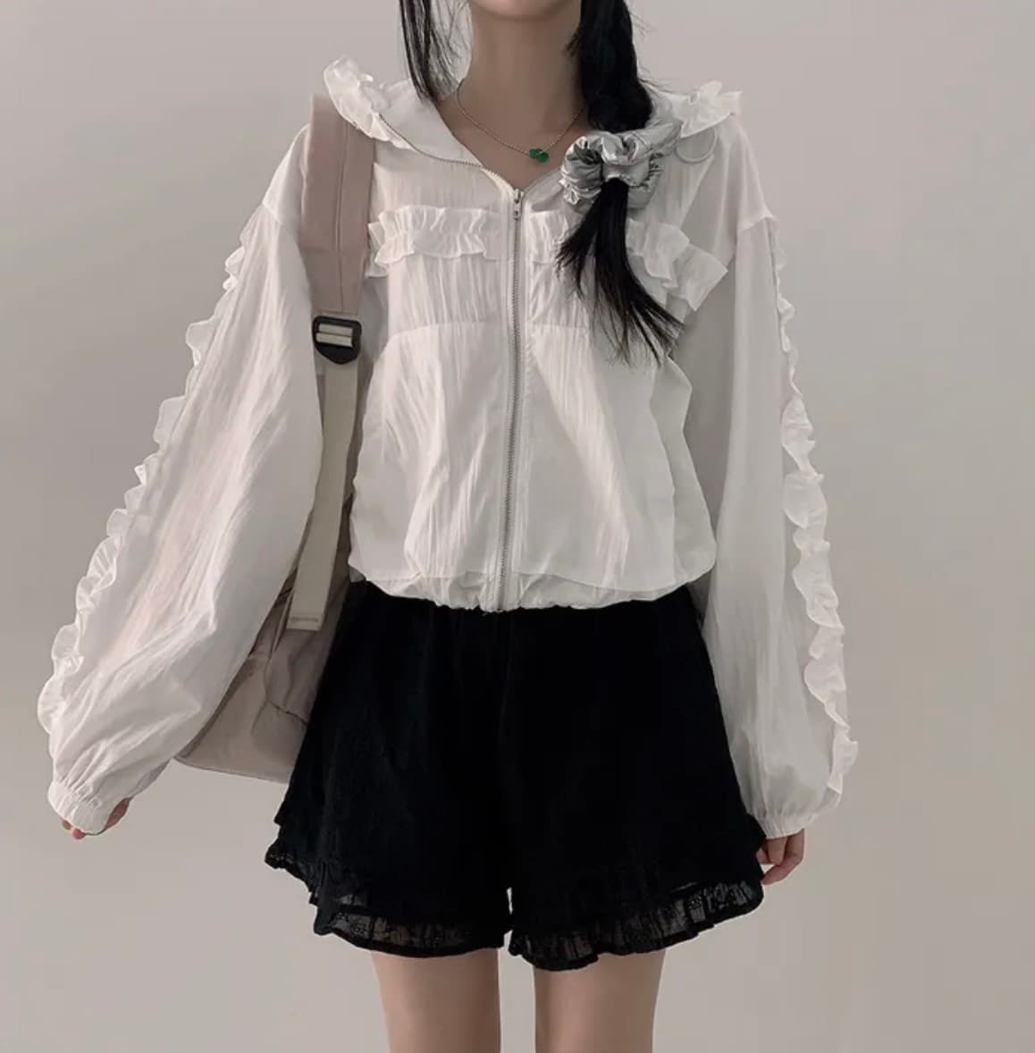 재고 있음 2026 봄 여름 패션 ins 트렌디 레이스 프릴 레이스 패치워크 자외선 차단 긴팔 얇은 여성 코트 상세 이미지 1
