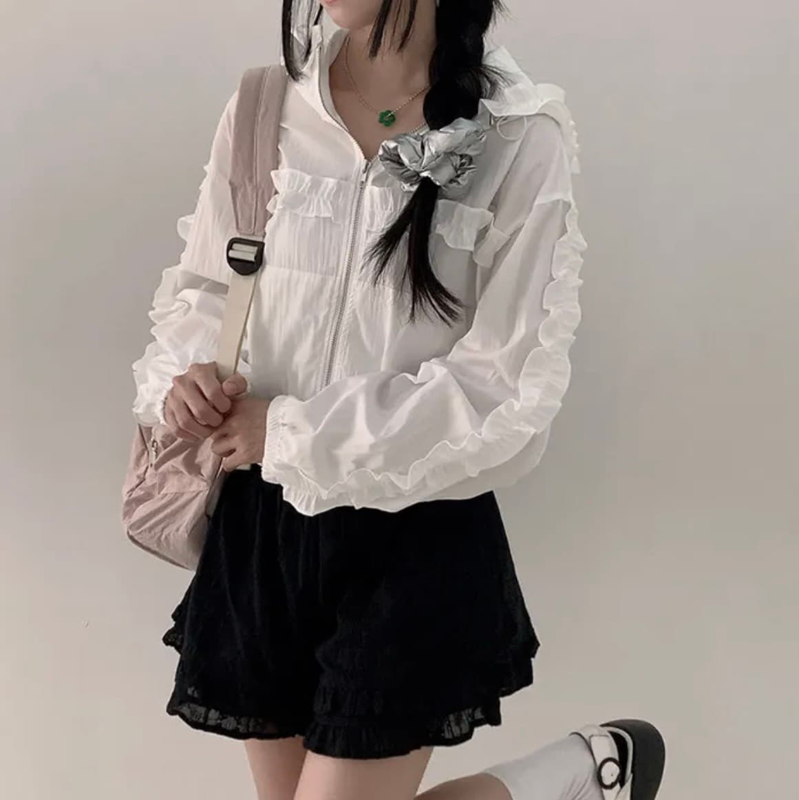 재고 있음 2026 봄 여름 패션 ins 트렌디 레이스 프릴 레이스 패치워크 자외선 차단 긴팔 얇은 여성 코트 상세 이미지 6