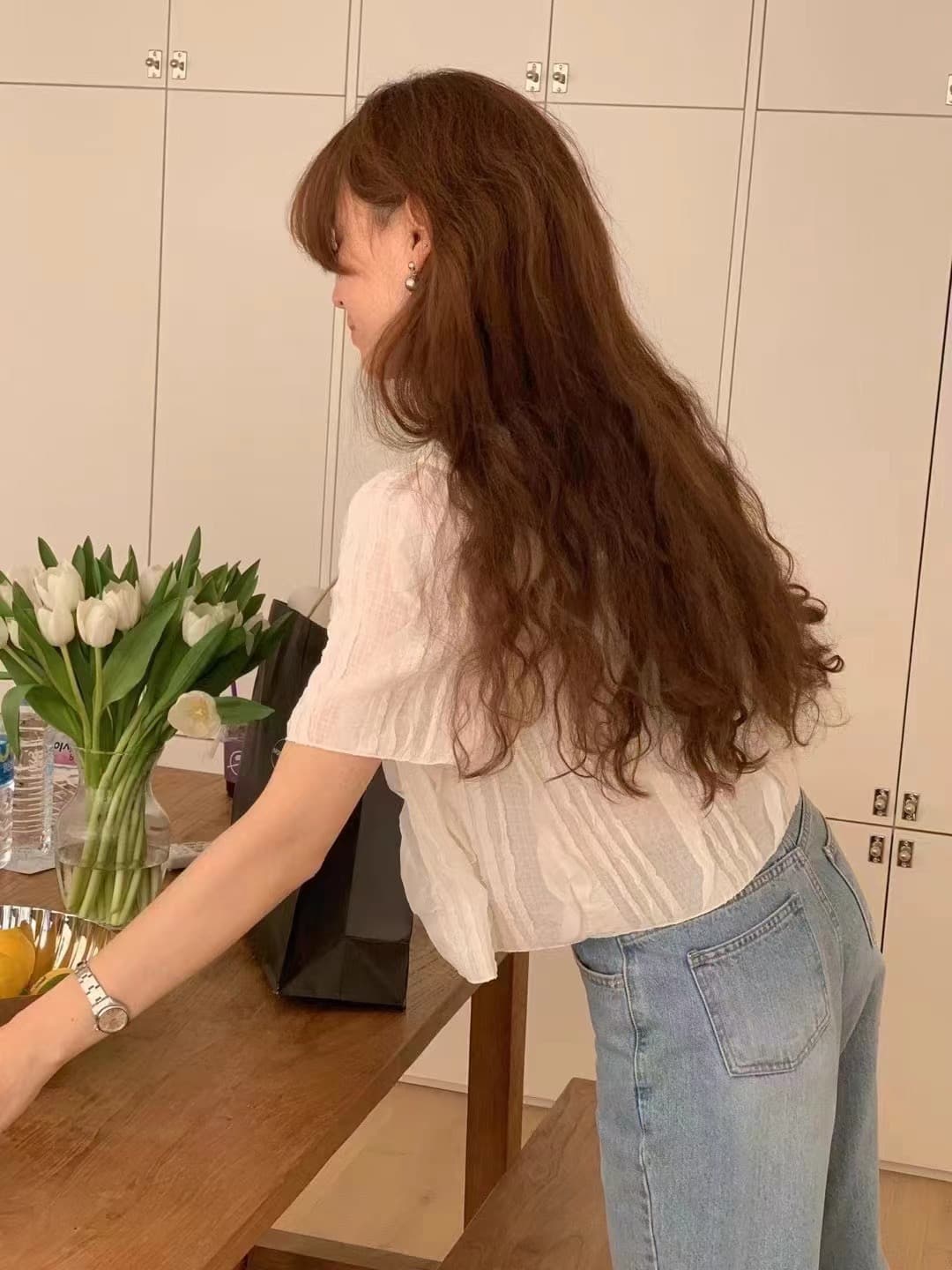 재고 있음 2026 프릴 패치워크 라운드 넥 반팔 쉬폰 블라우스 셔츠 상세 이미지 13