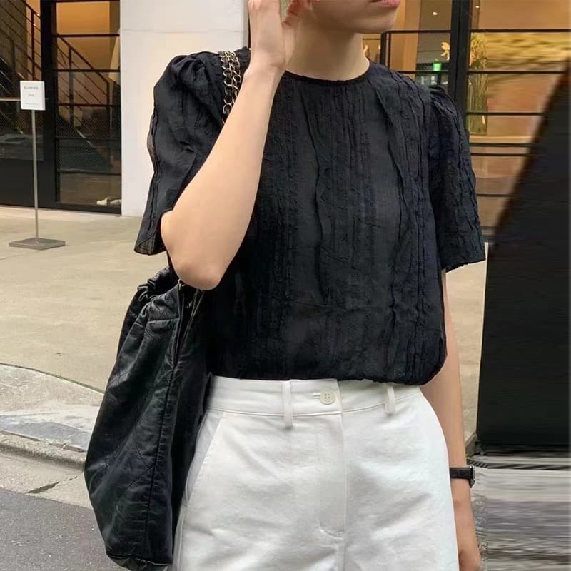 재고 있음 2026 프릴 패치워크 라운드 넥 반팔 쉬폰 블라우스 셔츠 상세 이미지 23