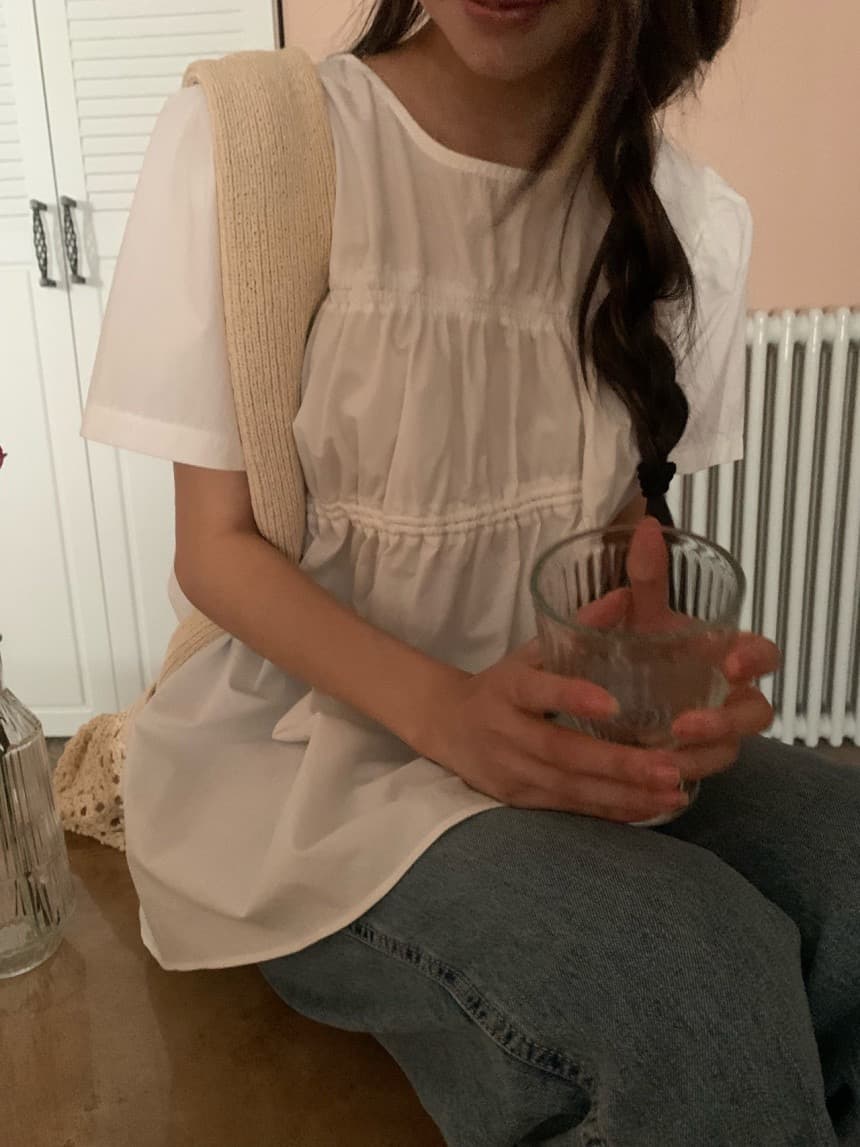 있음 밖으로 chic 봄 여름 한국 스타일 무거운 작업 펌프 로프 라운드 넥 화이트 순면 셔츠 맨위 인형 셔츠 이미지 3