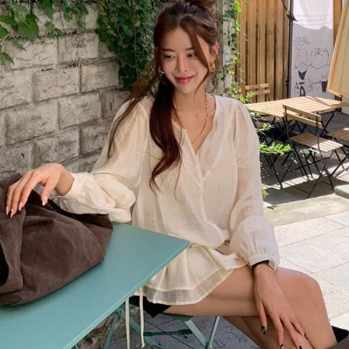 있음 밖으로 2026 봄 여름 신제품 펌프 로프 섹션 레이스업 디자인 다용도 중간 길이 쉬폰 큰 진자 셔츠 상세 이미지 2