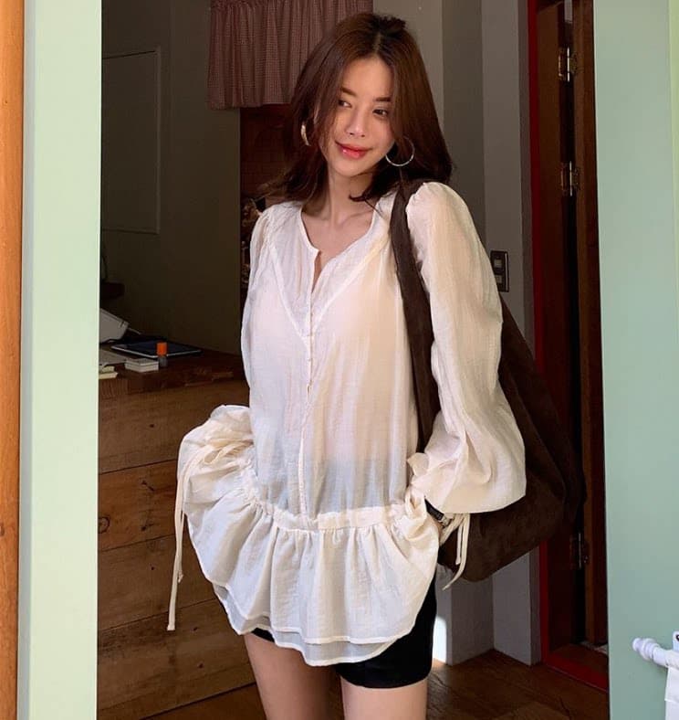 있음 밖으로 2026 봄 여름 신제품 펌프 로프 섹션 레이스업 디자인 다용도 중간 길이 쉬폰 큰 진자 셔츠 상세 이미지 5