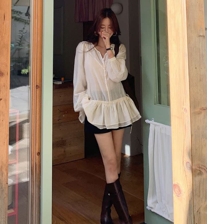 있음 밖으로 2026 봄 여름 신제품 펌프 로프 섹션 레이스업 디자인 다용도 중간 길이 쉬폰 큰 진자 셔츠 상세 이미지 10