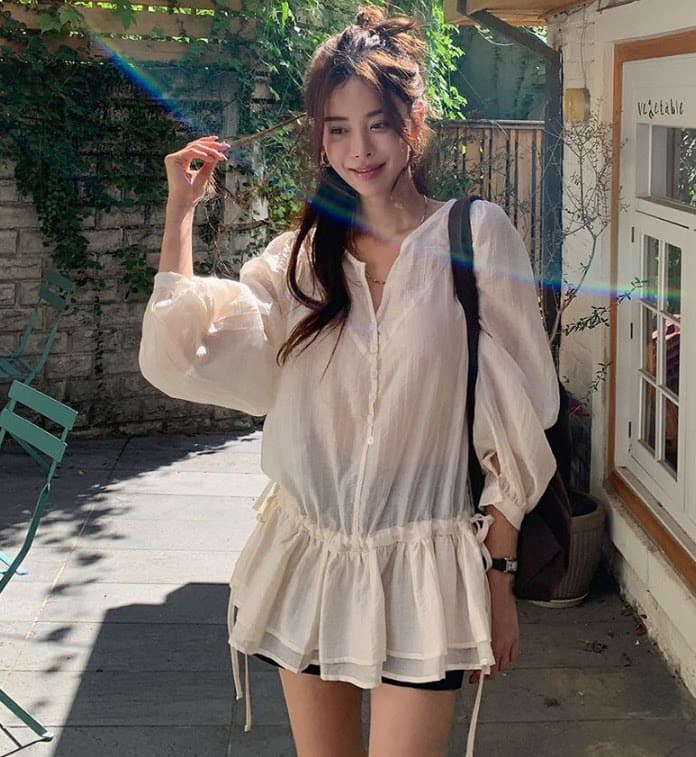 있음 밖으로 2026 봄 여름 신제품 펌프 로프 섹션 레이스업 디자인 다용도 중간 길이 쉬폰 큰 진자 셔츠 상세 이미지 12