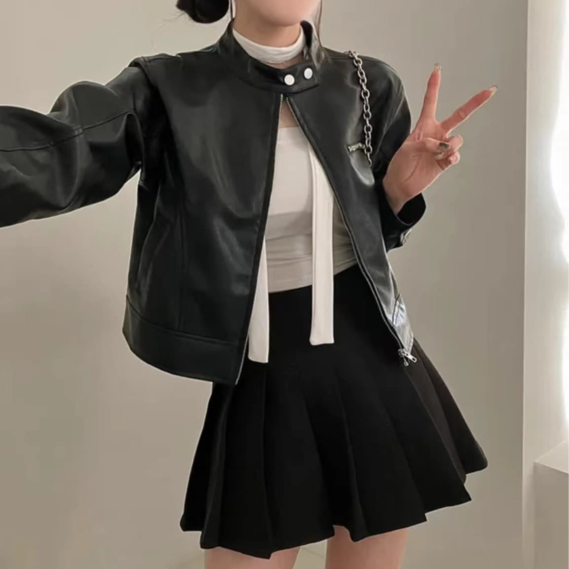 있음 밖으로 한국 스타일 다용도 스탠드 칼라 오토바이 가죽 재킷 반하이넥 긴팔 야구 유니폼 가죽 재킷 상세 이미지 17