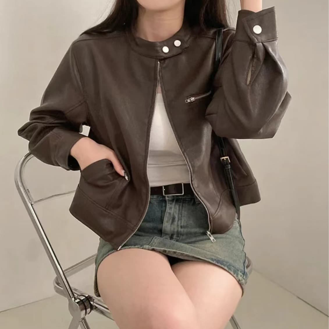 있음 밖으로 한국 스타일 다용도 스탠드 칼라 오토바이 가죽 재킷 반하이넥 긴팔 야구 유니폼 가죽 재킷 상세 이미지 18
