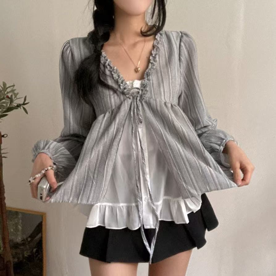 있음 밖으로 2026 새로운 패션 부드러운 바람 스트라이프 프랑스식 레이스업 프릴 페이크 레이어드 V넥 긴팔 셔츠 이미지 2