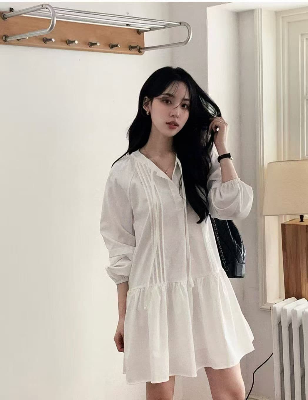있음 밖으로 달콤함 레이스업 벌룬 소매 여성 드레스 상세 이미지 4