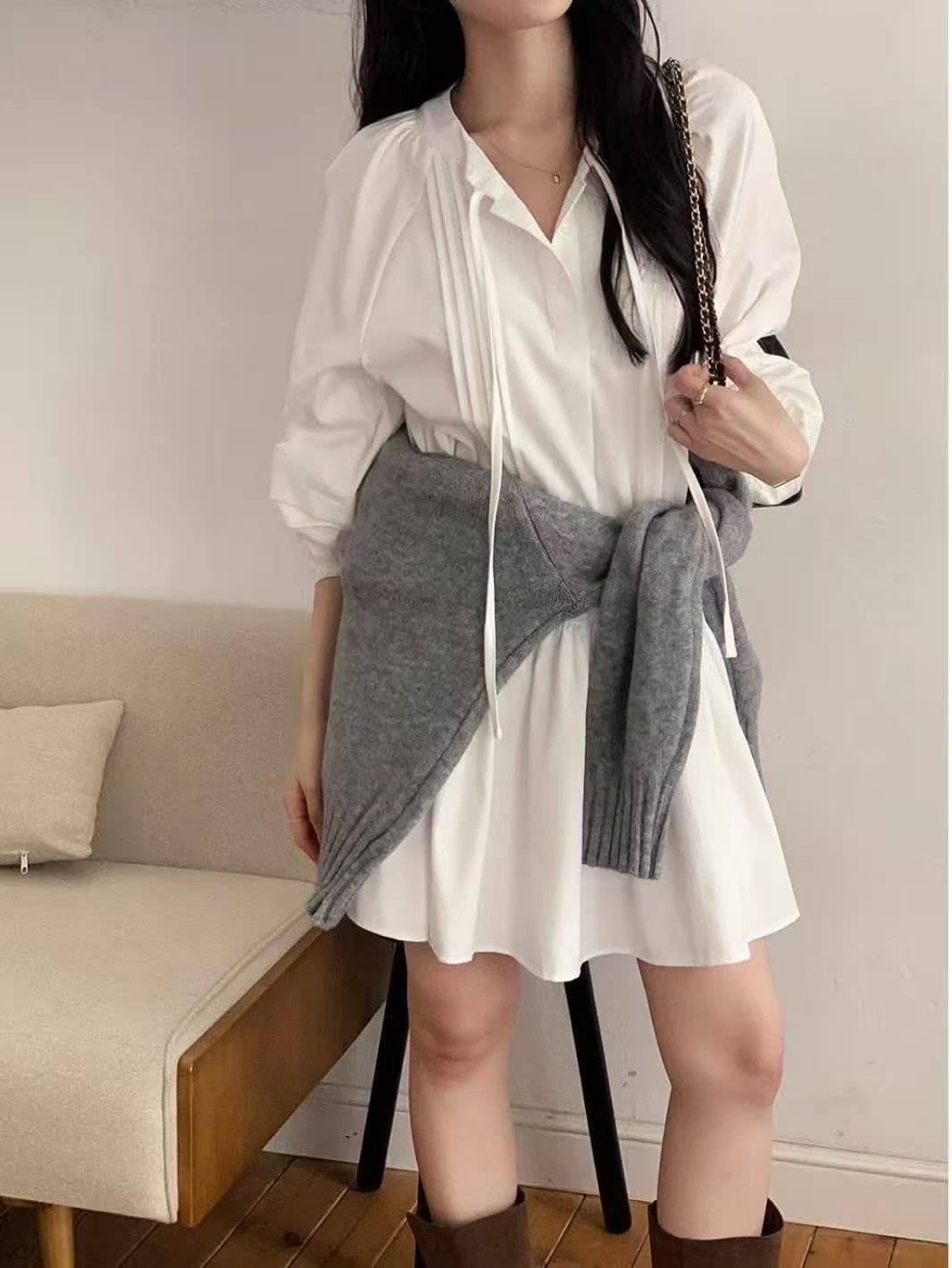 있음 밖으로 달콤함 레이스업 벌룬 소매 여성 드레스 상세 이미지 6