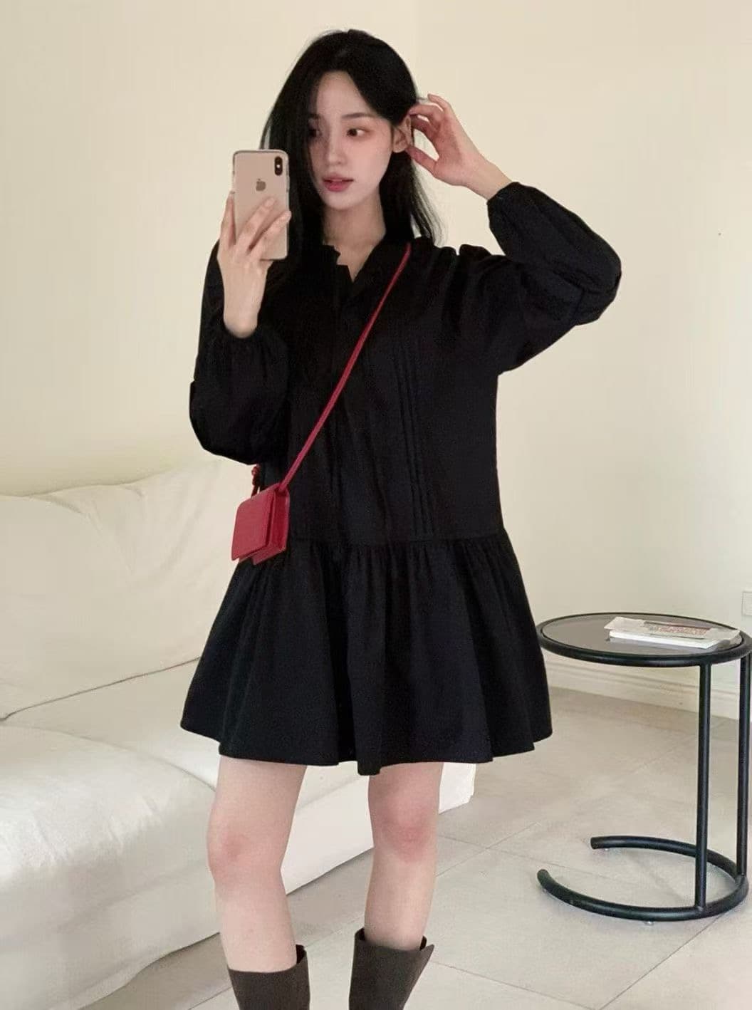 있음 밖으로 달콤함 레이스업 벌룬 소매 여성 드레스 상세 이미지 10
