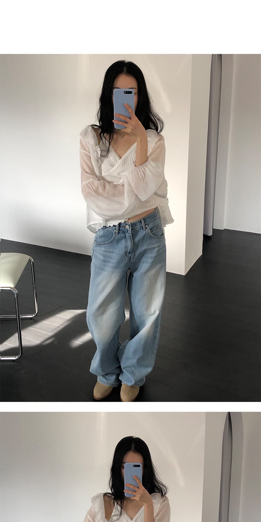 재고 있음 chic 가벼움 시스루 프릴 V넥 레이스 업 셔츠 상세 이미지 5