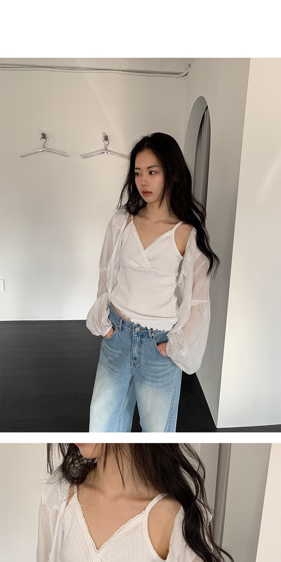 재고 있음 chic 가벼움 시스루 프릴 V넥 레이스 업 셔츠 상세 이미지 7