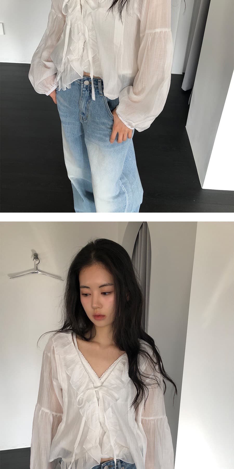 재고 있음 chic 가벼움 시스루 프릴 V넥 레이스 업 셔츠 상세 이미지 8