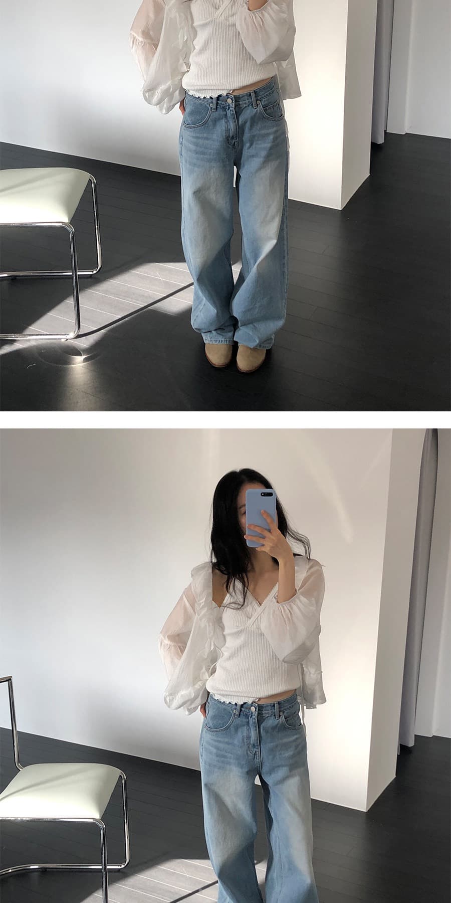 재고 있음 chic 가벼움 시스루 프릴 V넥 레이스 업 셔츠 상세 이미지 9