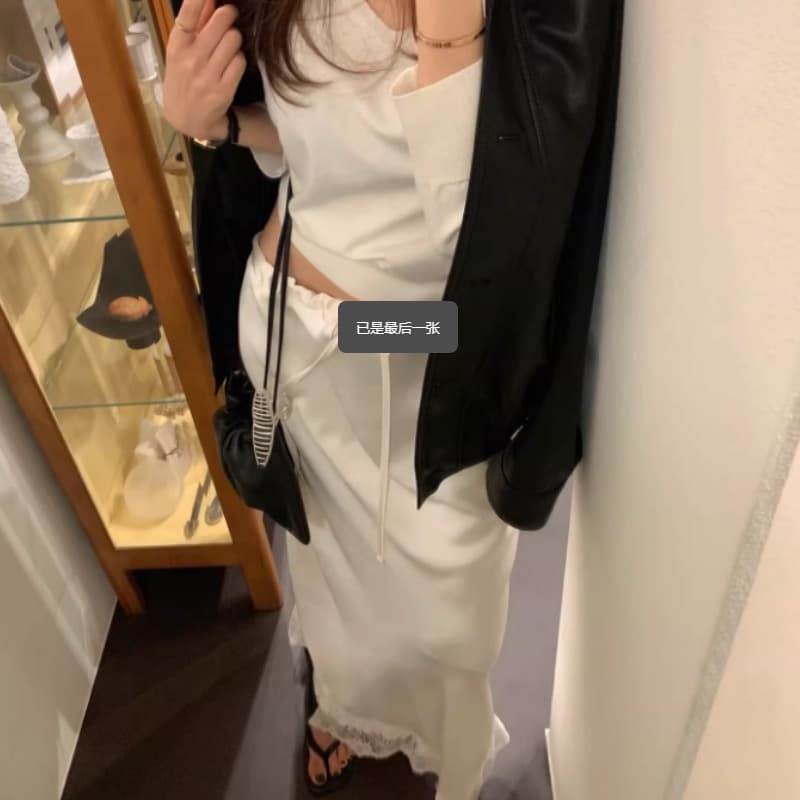 있음 선적 새로운 프랑스식 우유 실크 미끄러짐 레이스 조각 레이스업 반신 스커트 이미지 2