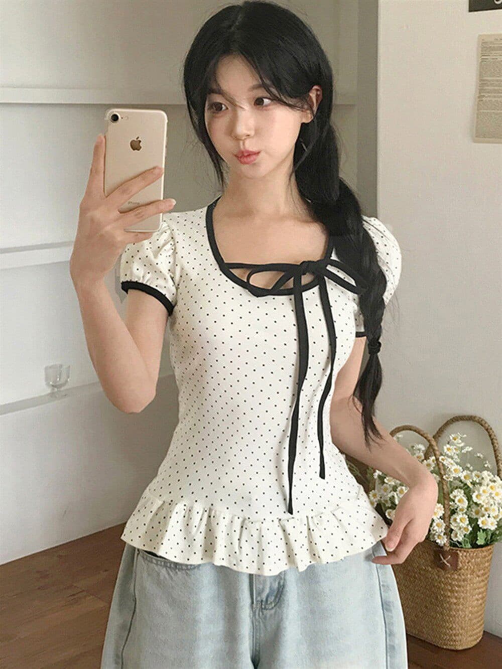 재고 있음 chic Chic 스트랩 u 칼라 연꽃 잎 옆으로 눕다. 바르게 되다 어깨 티셔츠