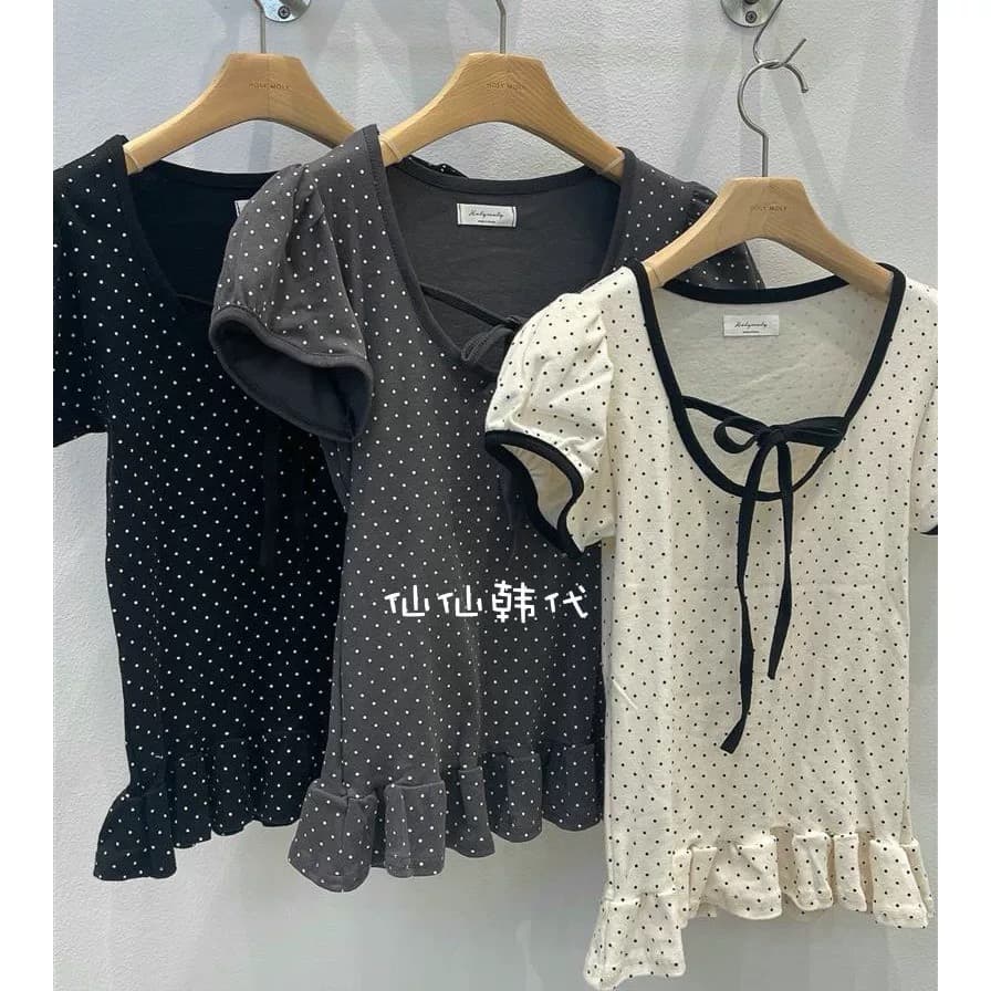 재고 있음 chic Chic 스트랩 u 칼라 연꽃 잎 옆으로 눕다. 바르게 되다 어깨 티셔츠 상세 이미지 7